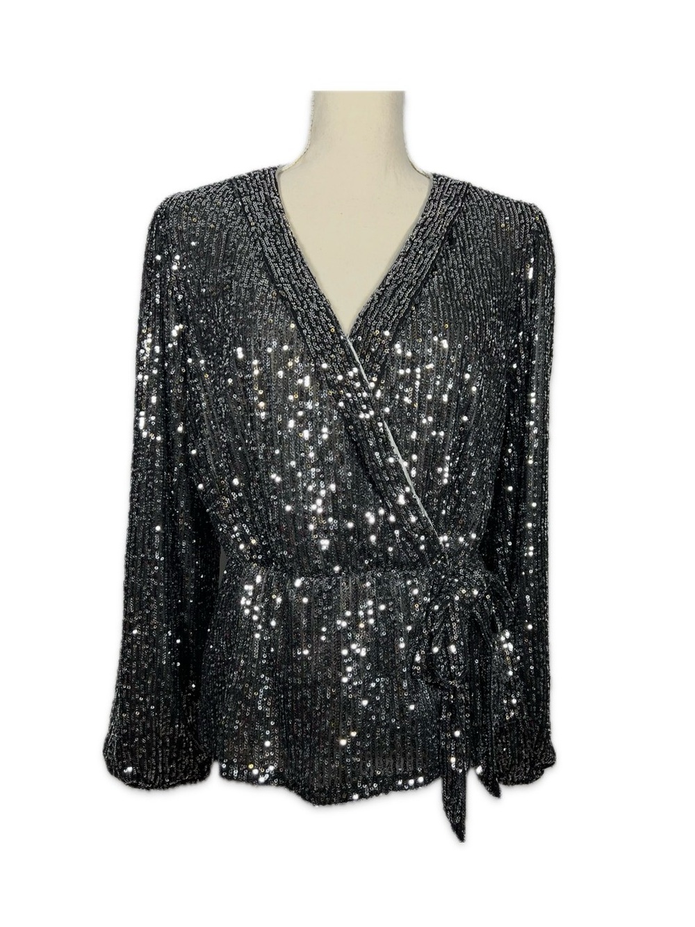 Nanette Lepore Sequin Faux Wrap Blouse Dark Gray Silver Sparkle Size M